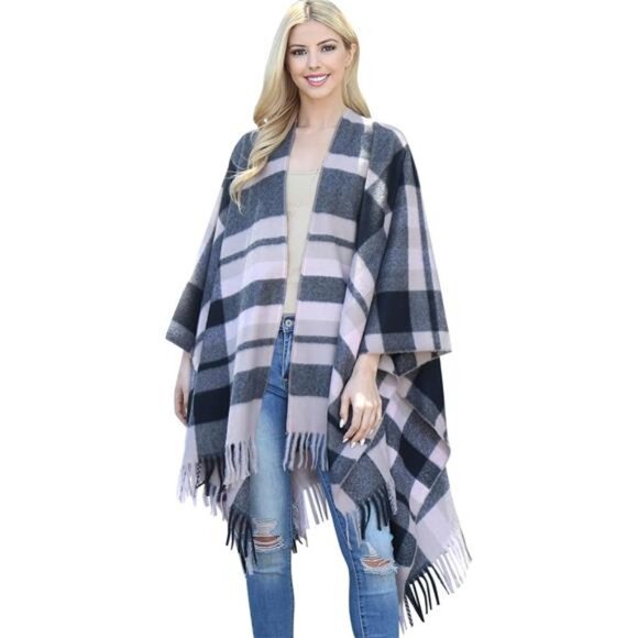 Grey Plaid Print Oversized Cardigan Poncho Kimono Shawl Blanket Scarf Vest - Picture 5 of 5